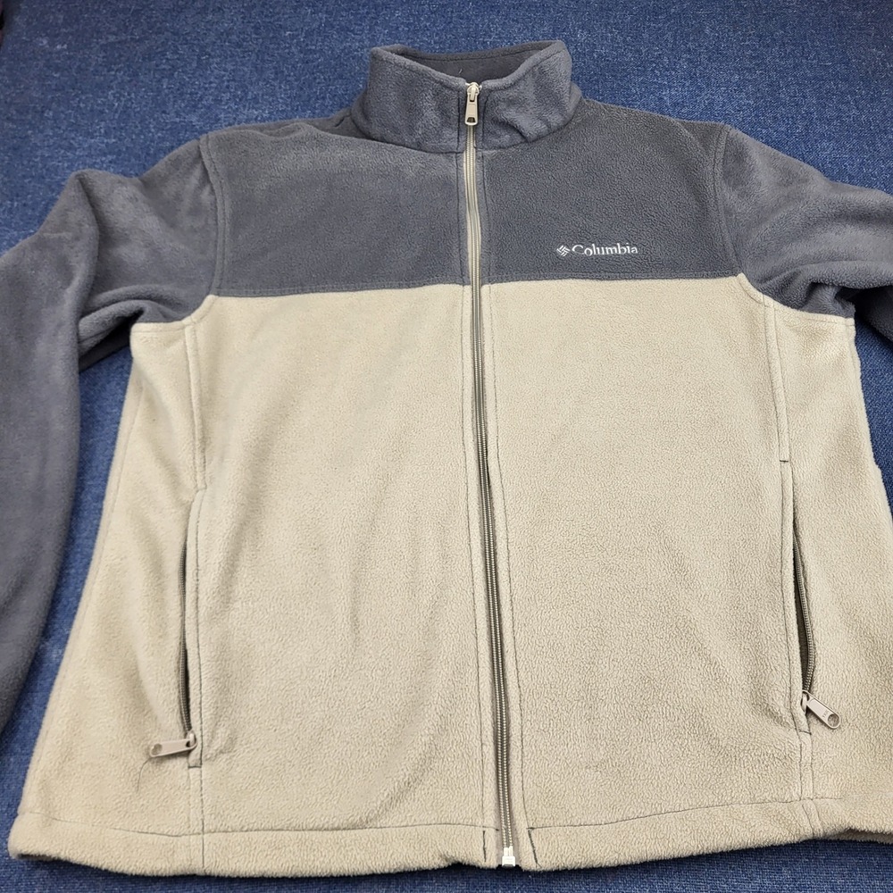 Columbia Mens Full Zip Fleece Jacket Grey Tan Colorblock Mock Neck Large
